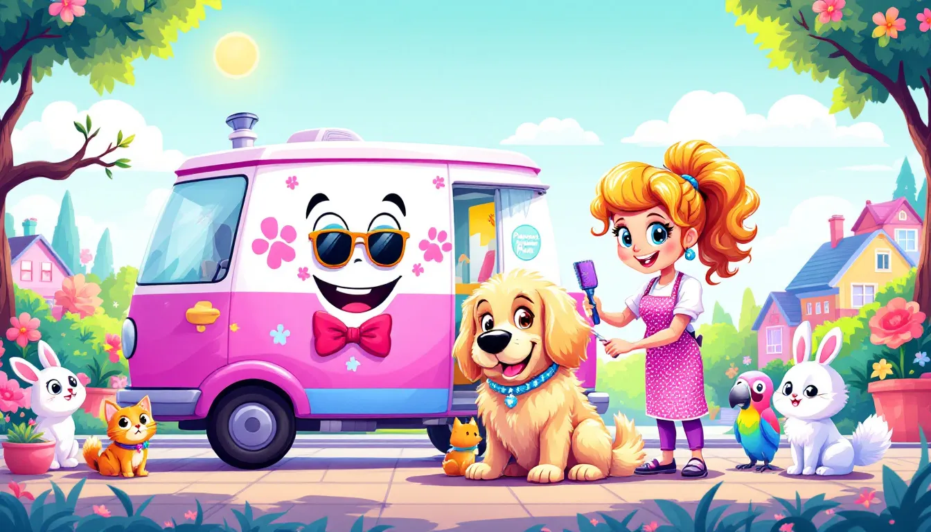 A mobile pet grooming van parked in a residential area, ready for service.