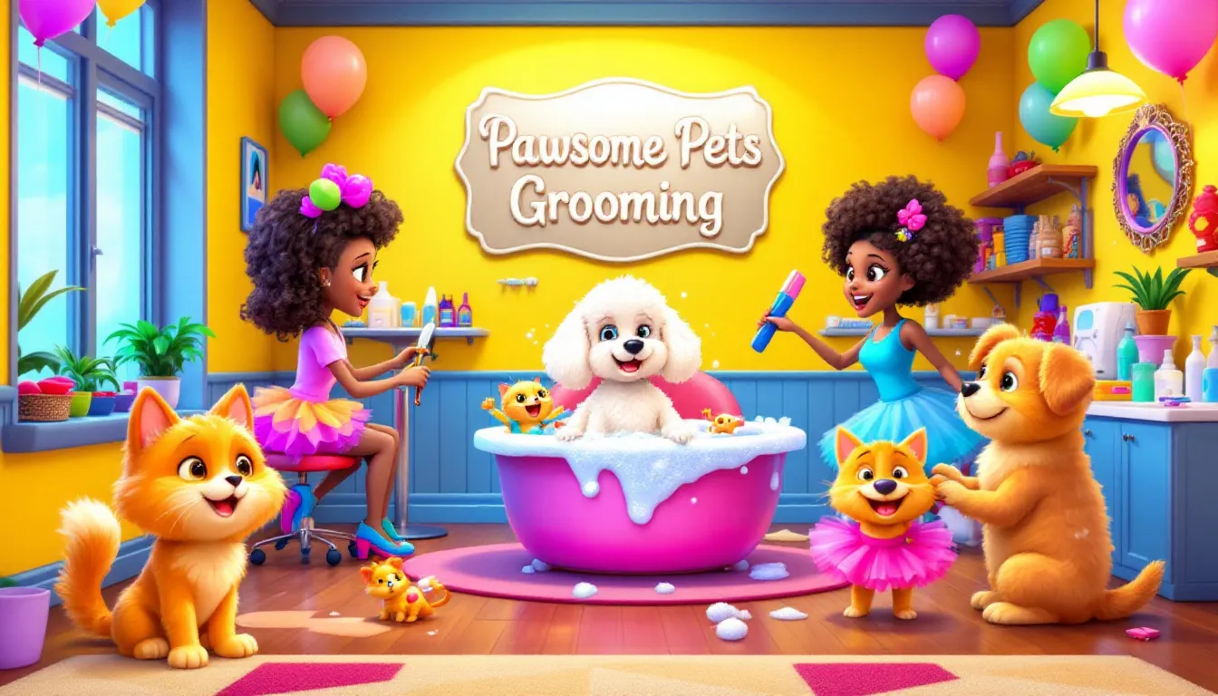 A variety of pets being groomed in a professional grooming salon.
