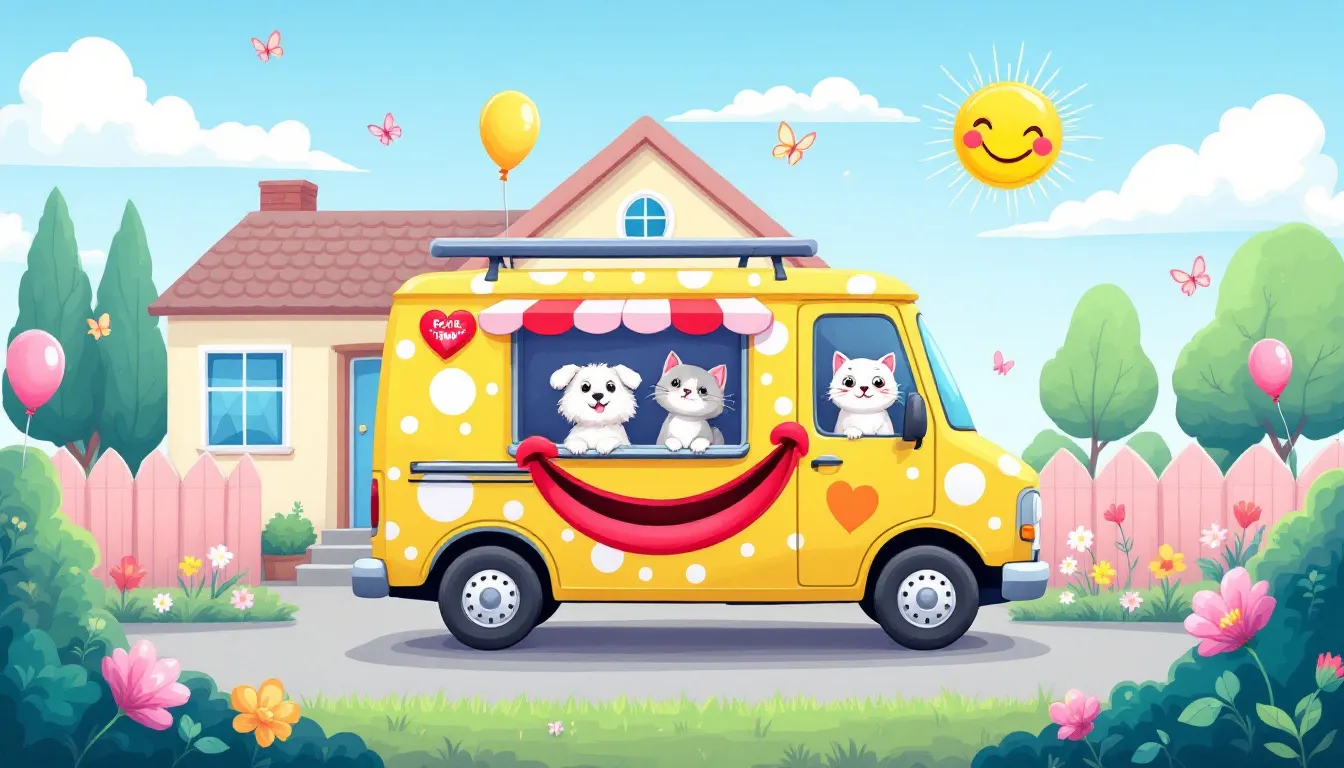 A mobile grooming van parked outside a house, showcasing convenience for pet owners.