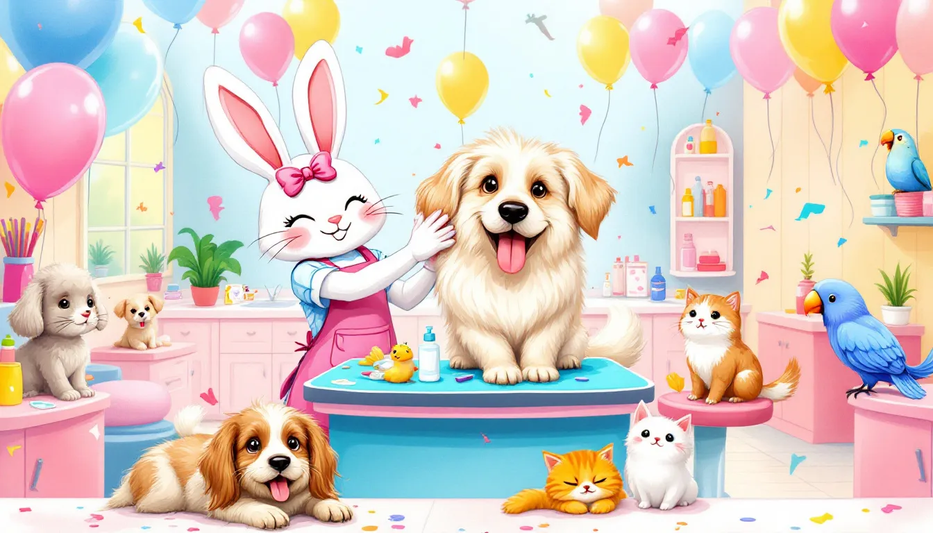 A professional groomer providing full-service grooming for a dog.