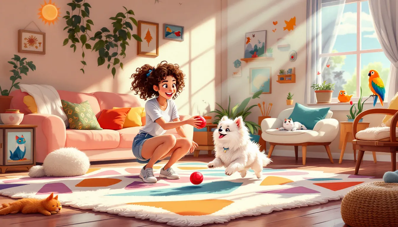 A pet sitter playing with a dog in a cozy home environment.