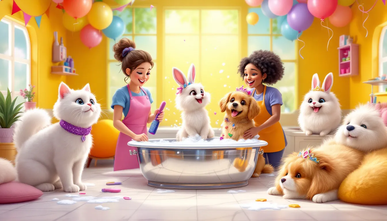 A variety of specialty grooming packages for pets displayed in a grooming salon.