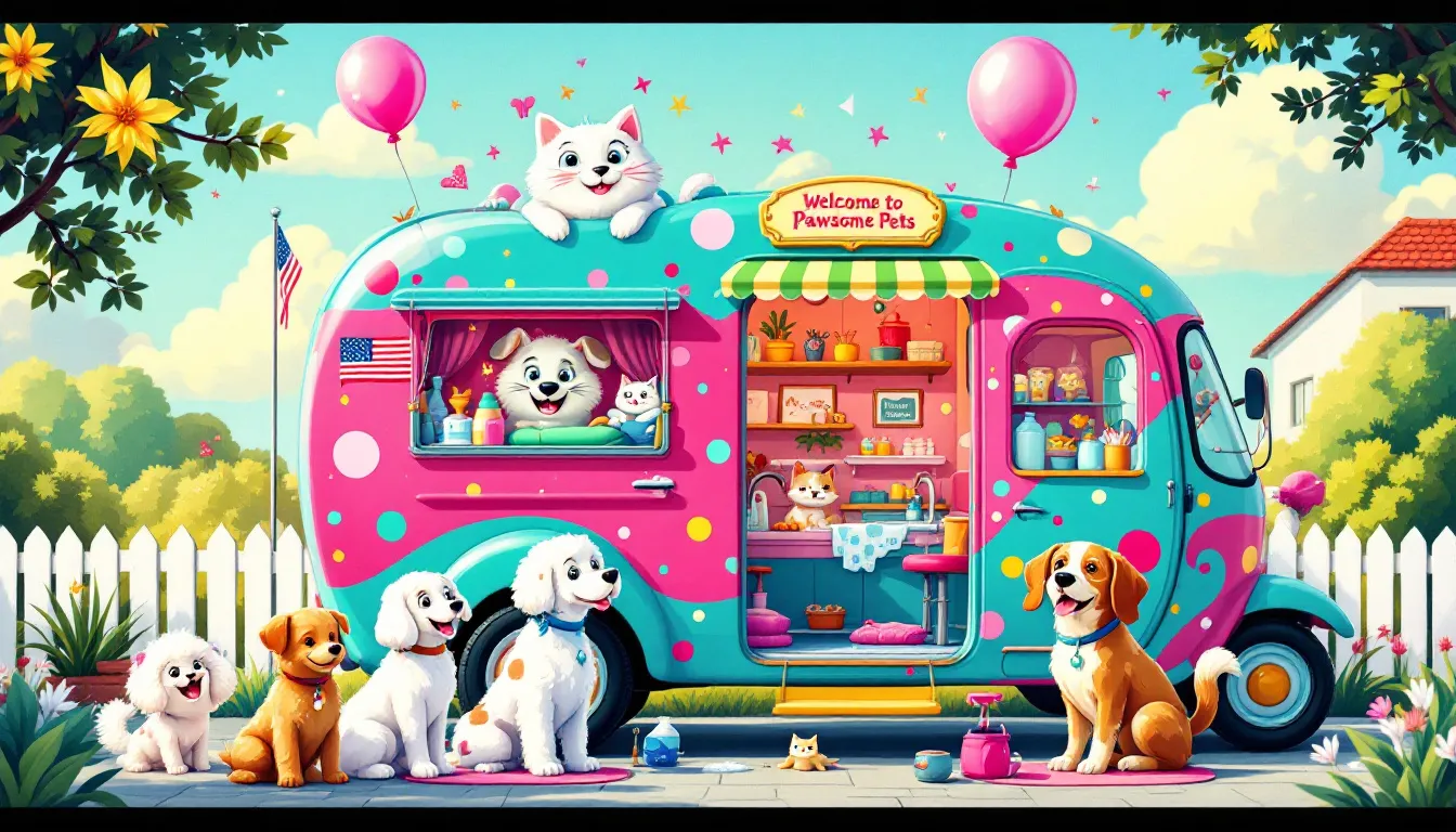 A mobile pet grooming van parked outside a house, ready for service.
